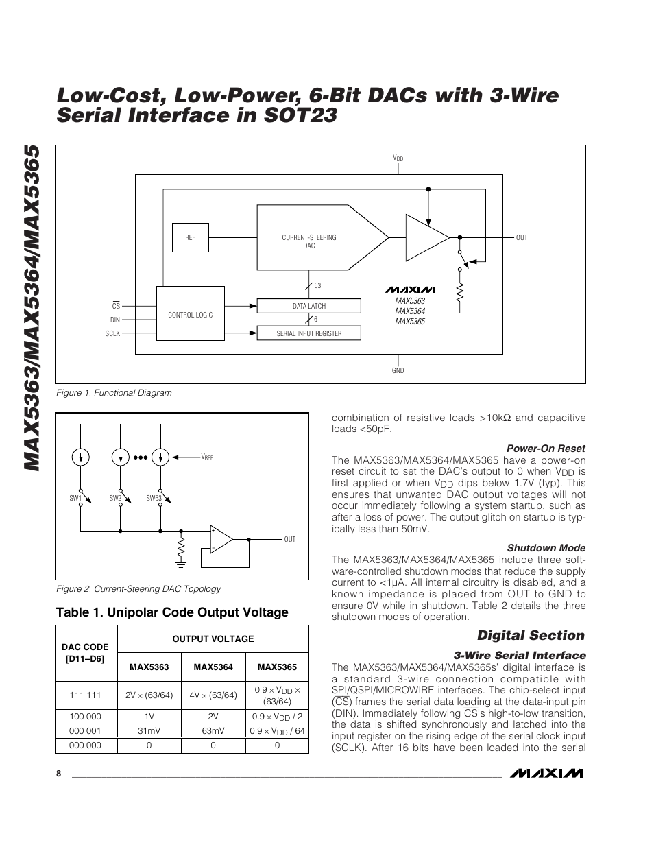 Table 1. unipolar code output voltage | Rainbow Electronics MAX5365 User Manual | Page 8 / 12