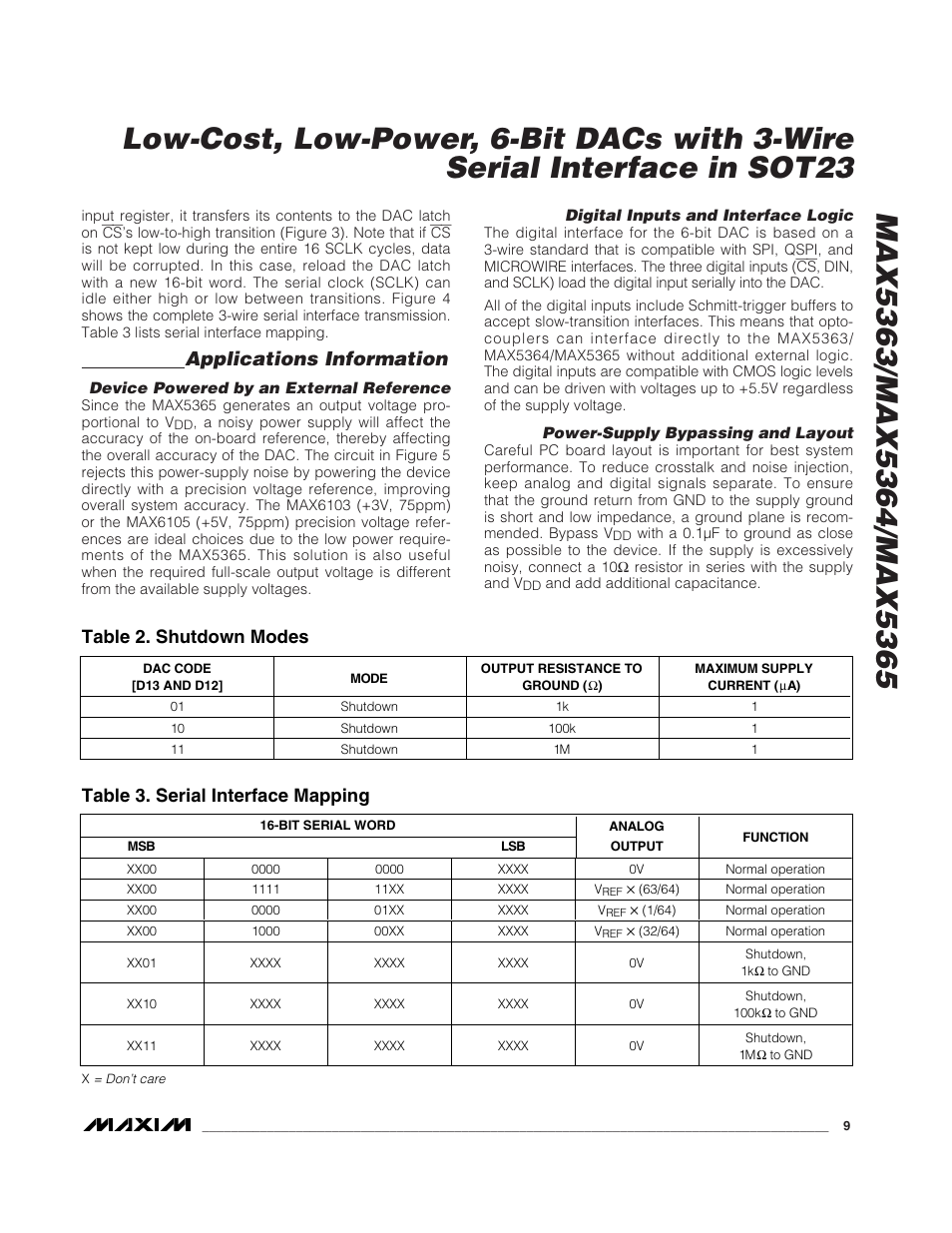 Applications information, Table 3. serial interface mapping, Table 2. shutdown modes | Rainbow Electronics MAX5365 User Manual | Page 9 / 12