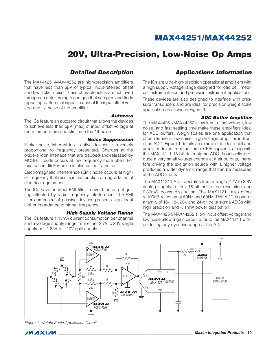 Figure 1. weight scale application circu, Detailed description, Applications information | Autozero, Noise suppression, High supply voltage range, Adc buffer amplifier | Rainbow Electronics MAX44252 User Manual | Page 10 / 15