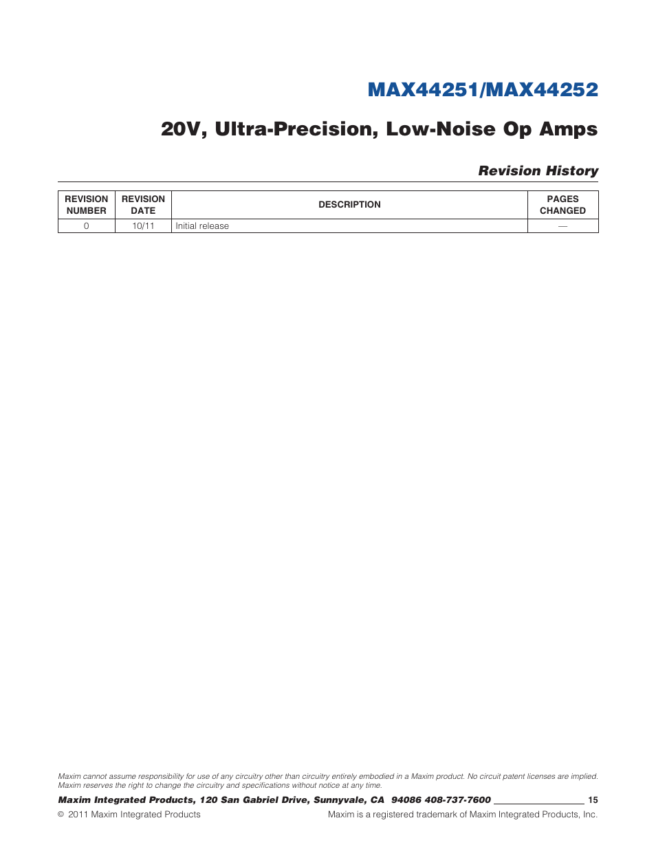 Revision history | Rainbow Electronics MAX44252 User Manual | Page 15 / 15