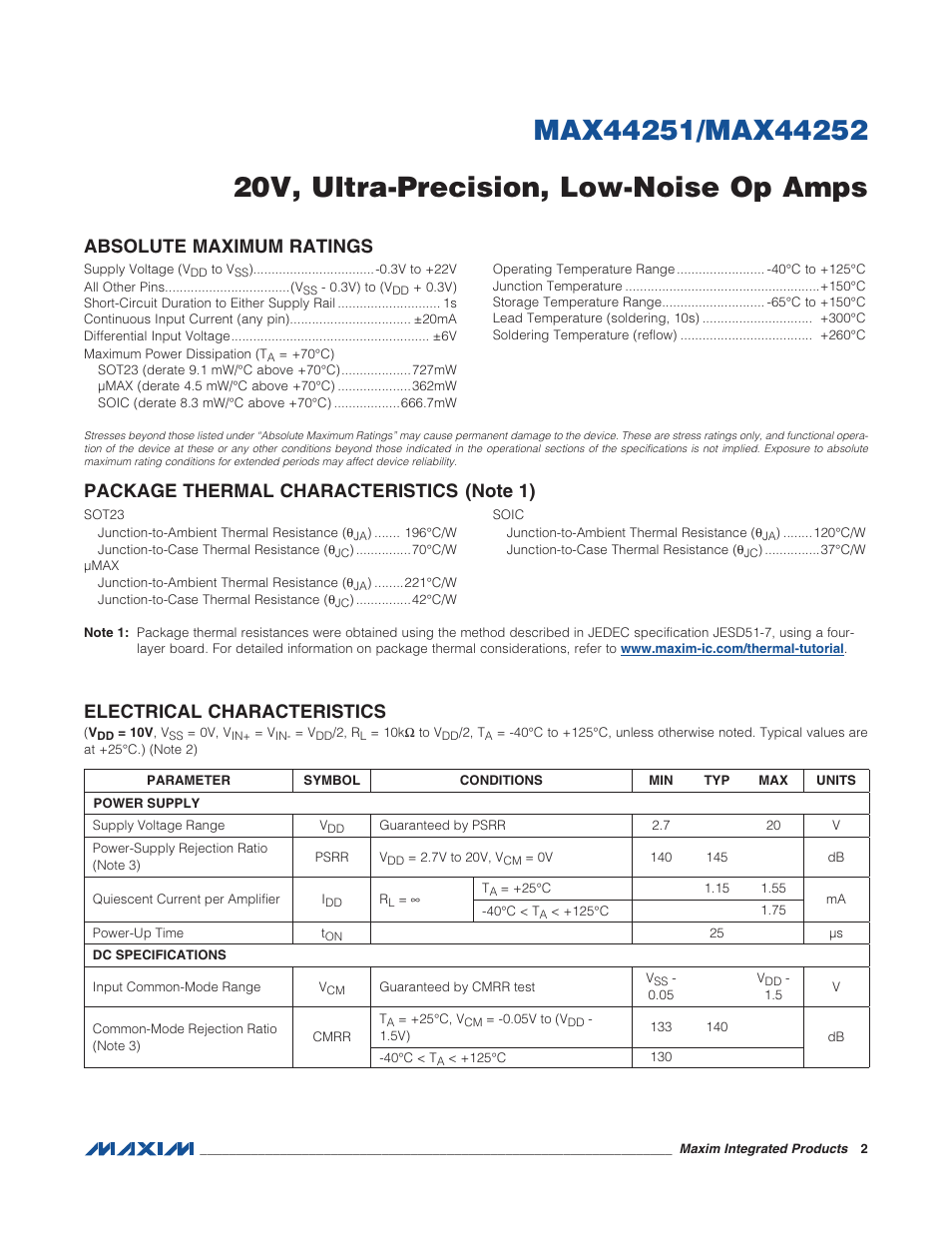 Absolute maximum ratings, Package thermal characteristics, Electrical characteristics | Rainbow Electronics MAX44252 User Manual | Page 2 / 15