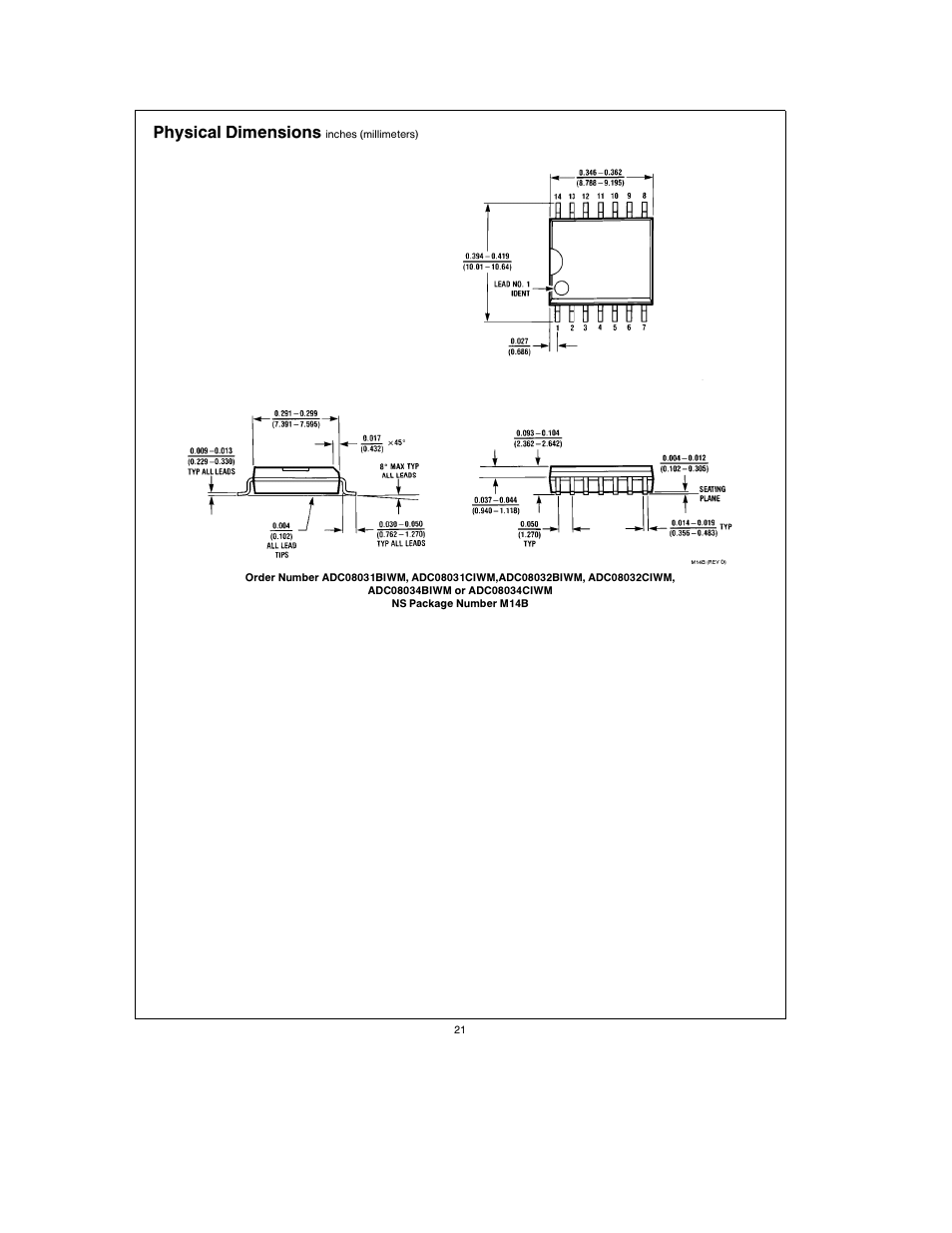 Physical dimensions | Rainbow Electronics ADC08038 User Manual | Page 21 / 24