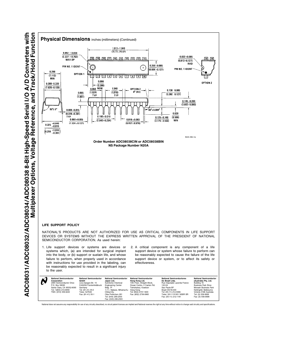 Physical dimensions | Rainbow Electronics ADC08038 User Manual | Page 24 / 24