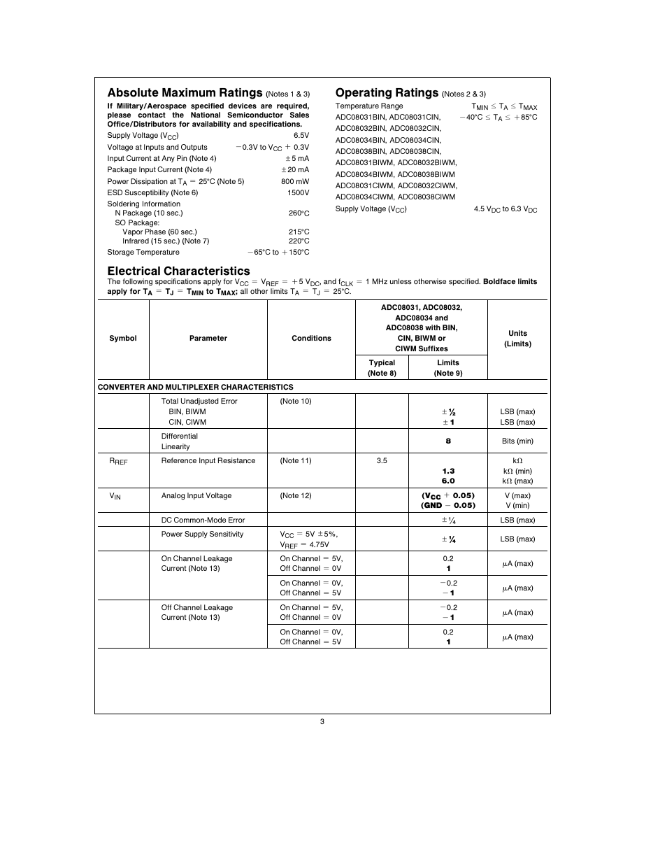 Absolute maximum ratings, Operating ratings, Electrical characteristics | Rainbow Electronics ADC08038 User Manual | Page 3 / 24