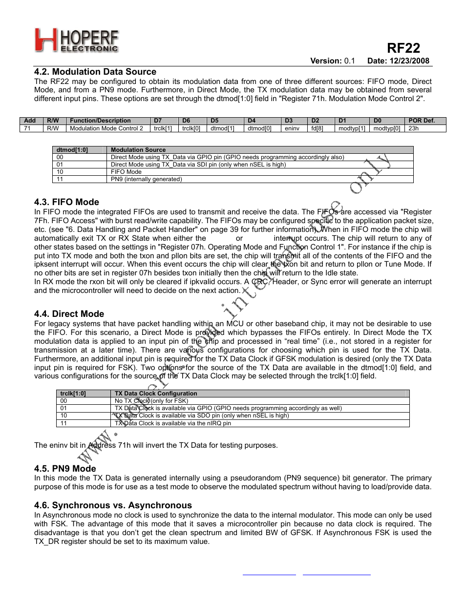 Rf22, Modulation data source, Fifo mode | Direct mode, Pn9 mode, Synchronous vs. asynchronous | Rainbow Electronics RF22 User Manual | Page 18 / 92