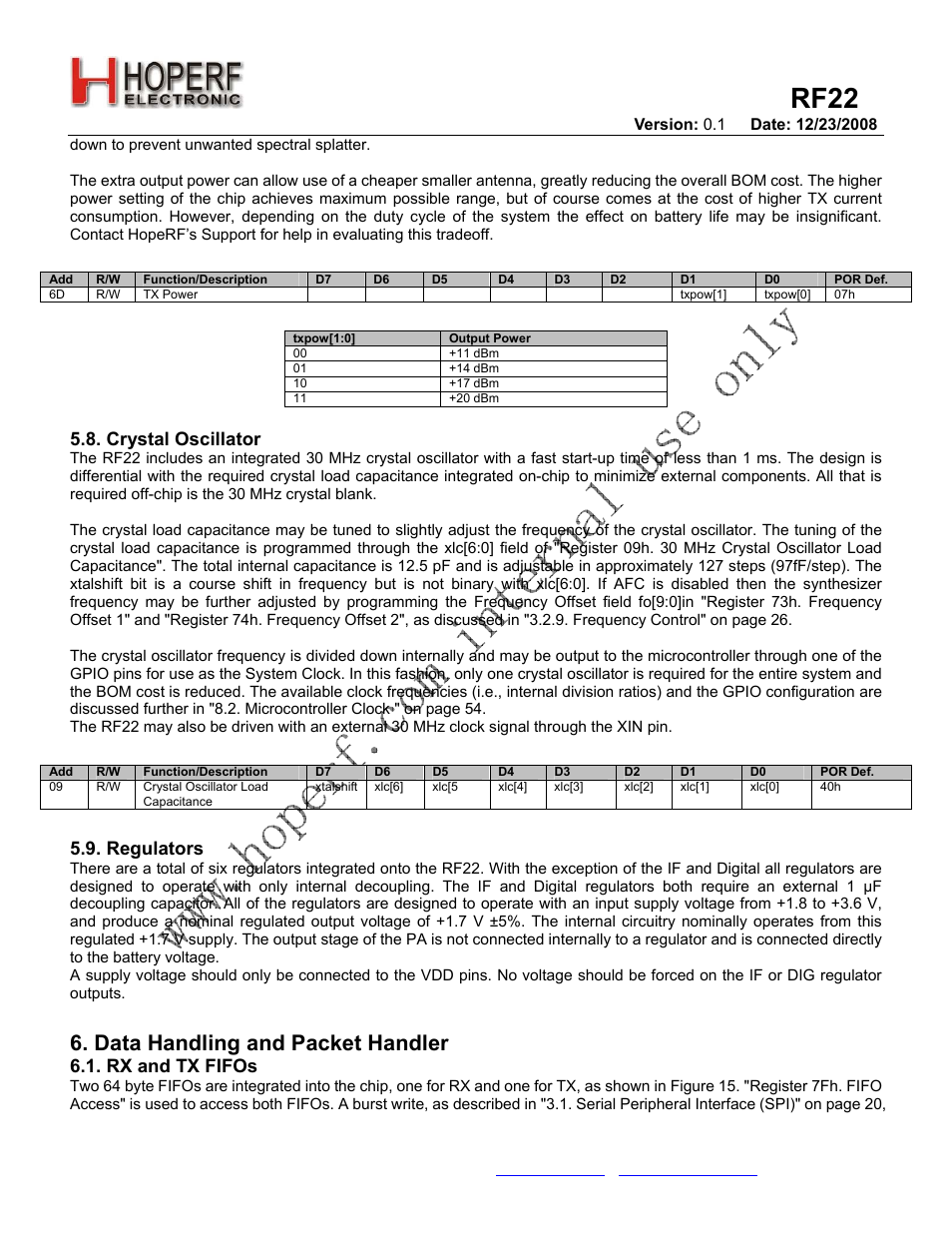 Rf22, Data handling and packet handler, Crystal oscillator | Regulators, Rx and tx fifos | Rainbow Electronics RF22 User Manual | Page 23 / 92
