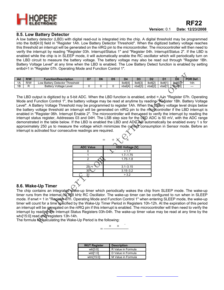 Rf22, Low battery detector, Adcvalue mv tage batteryvol × + = 50 7 . 1 | Wake-up timer, Ms m wut | Rainbow Electronics RF22 User Manual | Page 39 / 92