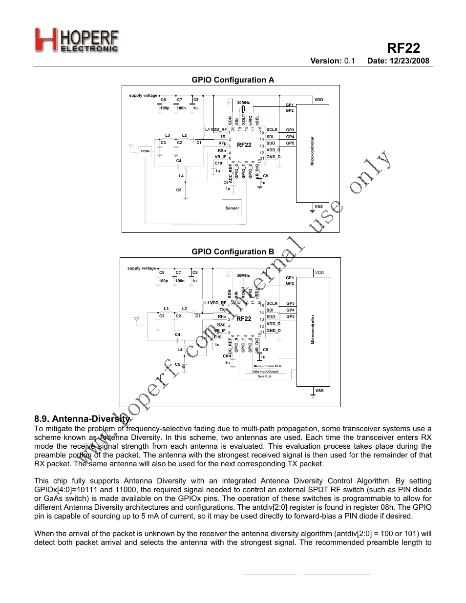 Rf22, Antenna-diversity, Gpio configuration a | Gpio configuration b | Rainbow Electronics RF22 User Manual | Page 42 / 92