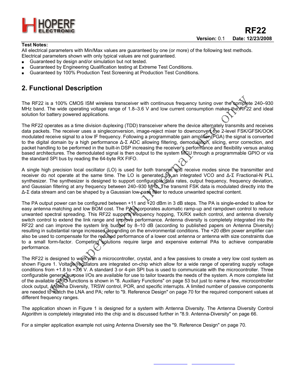 Rf22, Functional description | Rainbow Electronics RF22 User Manual | Page 6 / 92
