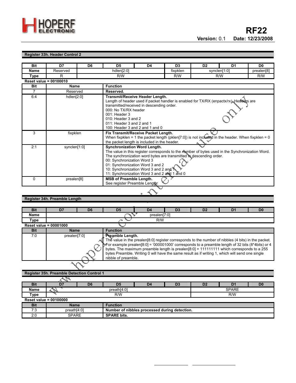 Rf22 | Rainbow Electronics RF22 User Manual | Page 70 / 92