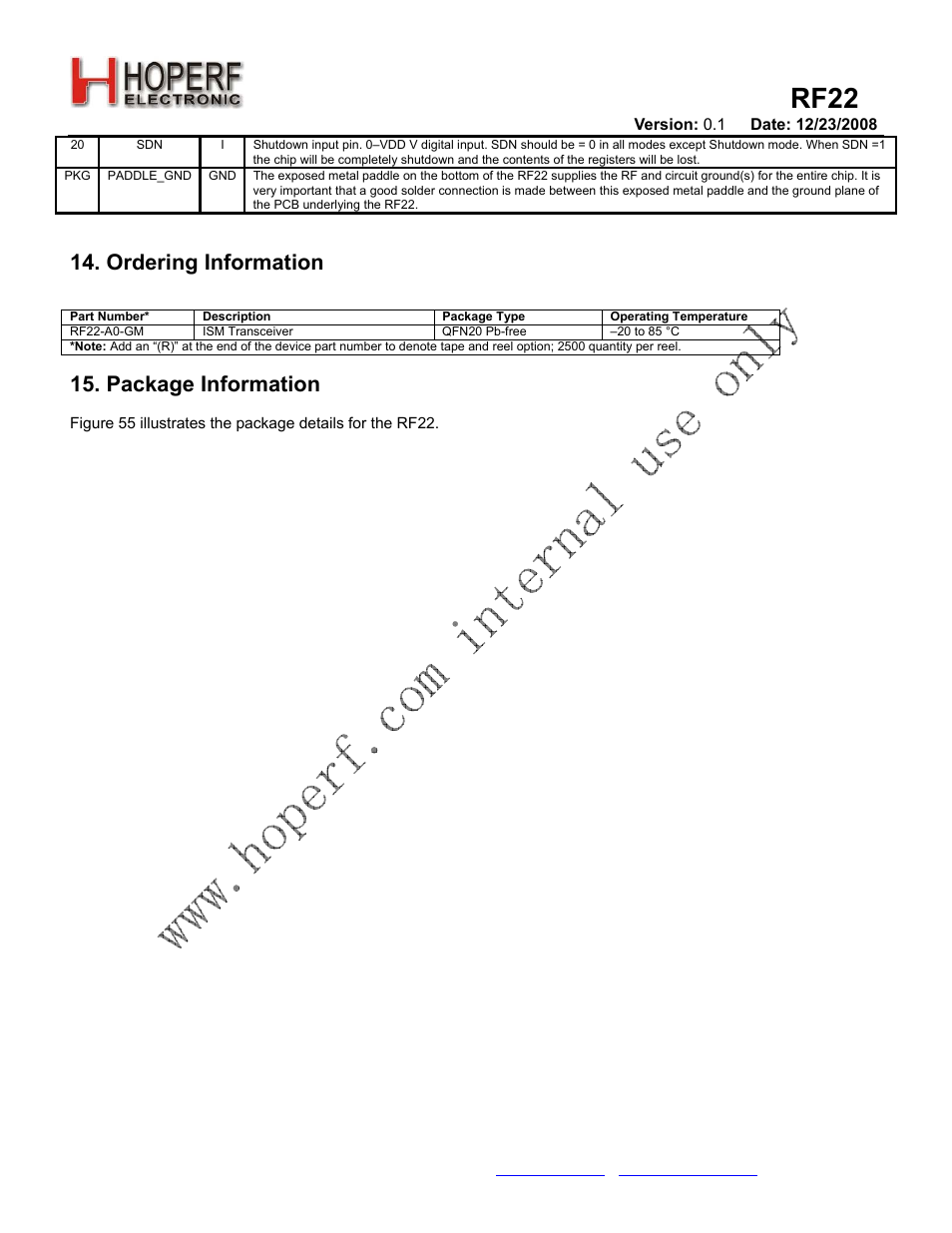 Rf22, Ordering information, Package information | Rainbow Electronics RF22 User Manual | Page 91 / 92