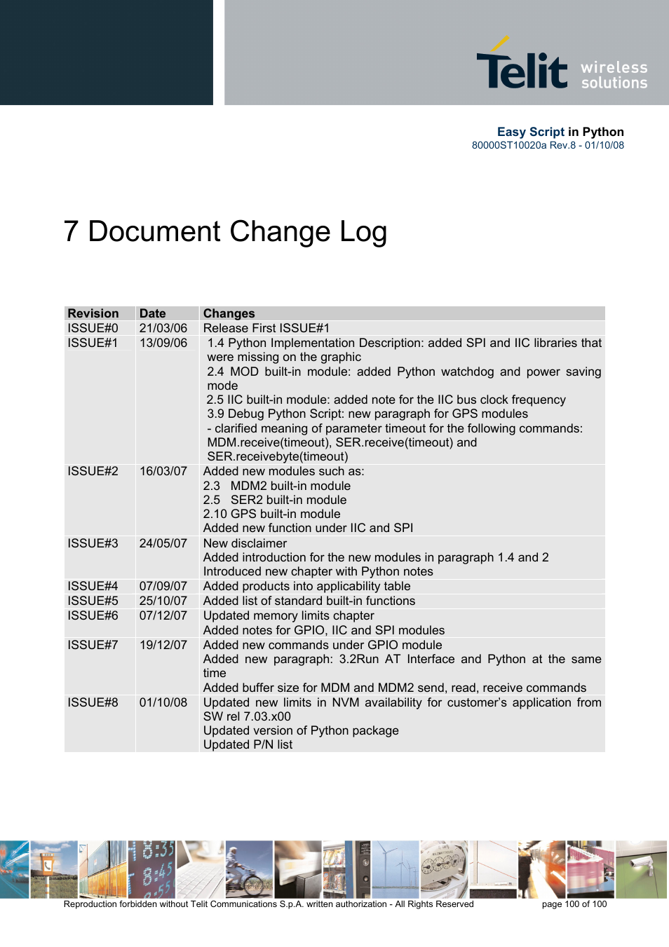 7 document change log | Rainbow Electronics GM862-GPS User Manual | Page 100 / 100