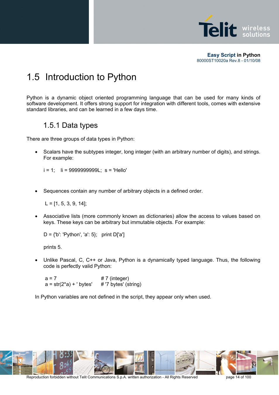 5 introduction to python, 1 data types | Rainbow Electronics GM862-GPS User Manual | Page 14 / 100