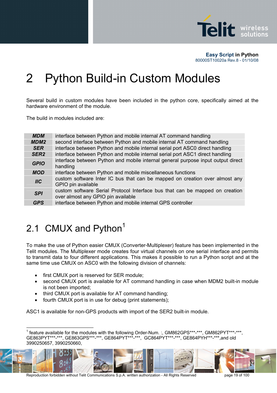 2 python build-in custom modules, 1 cmux and python | Rainbow Electronics GM862-GPS User Manual | Page 19 / 100