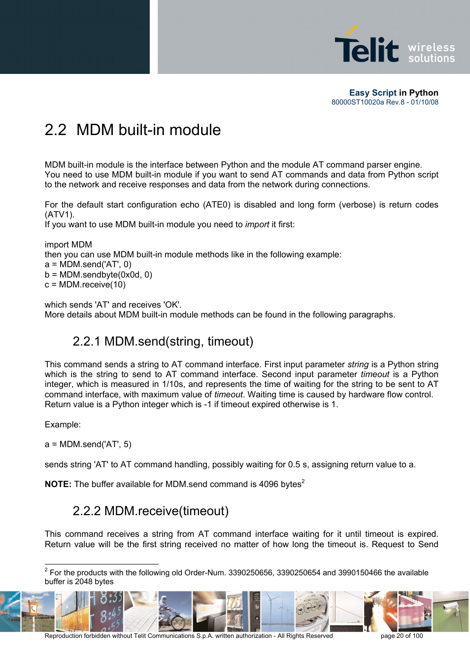 2 mdm built-in module, 1 mdm.send(string, timeout), 2 mdm.receive(timeout) | Rainbow Electronics GM862-GPS User Manual | Page 20 / 100