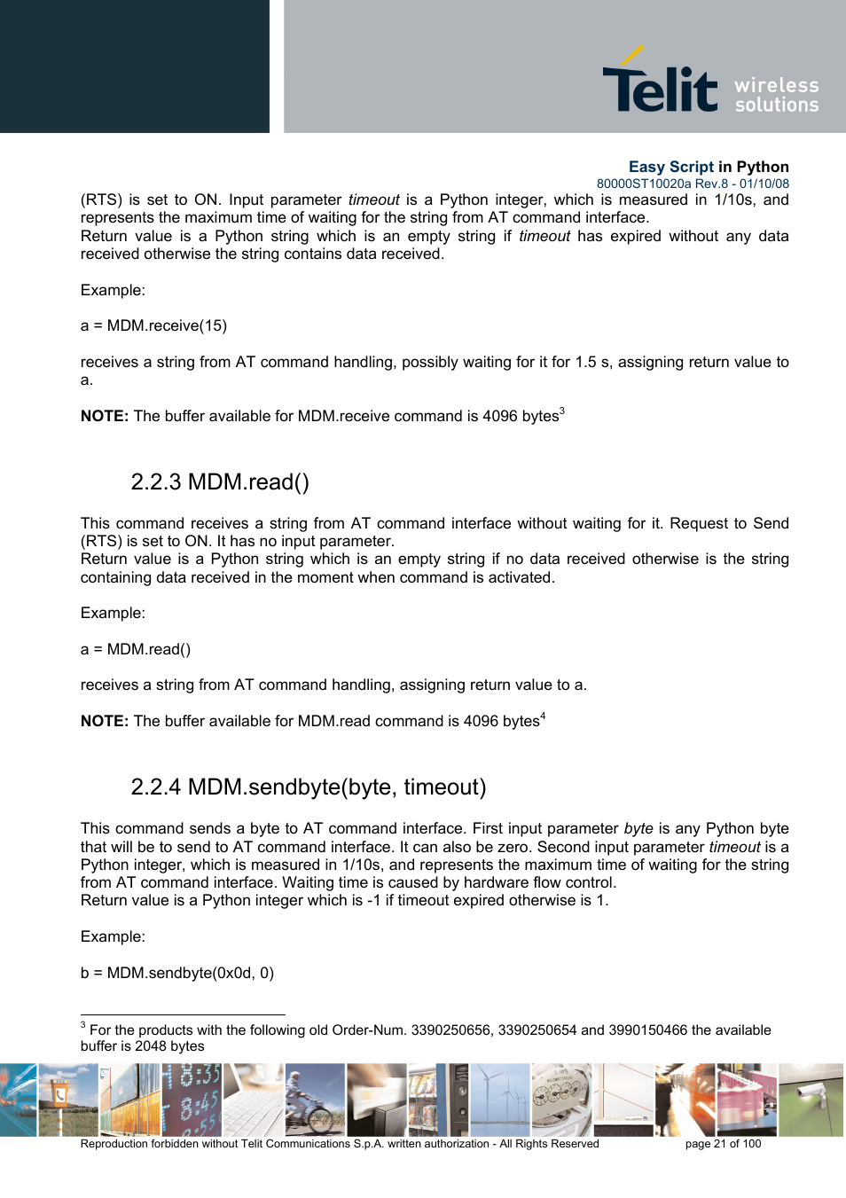 3 mdm.read(), 4 mdm.sendbyte(byte, timeout) | Rainbow Electronics GM862-GPS User Manual | Page 21 / 100