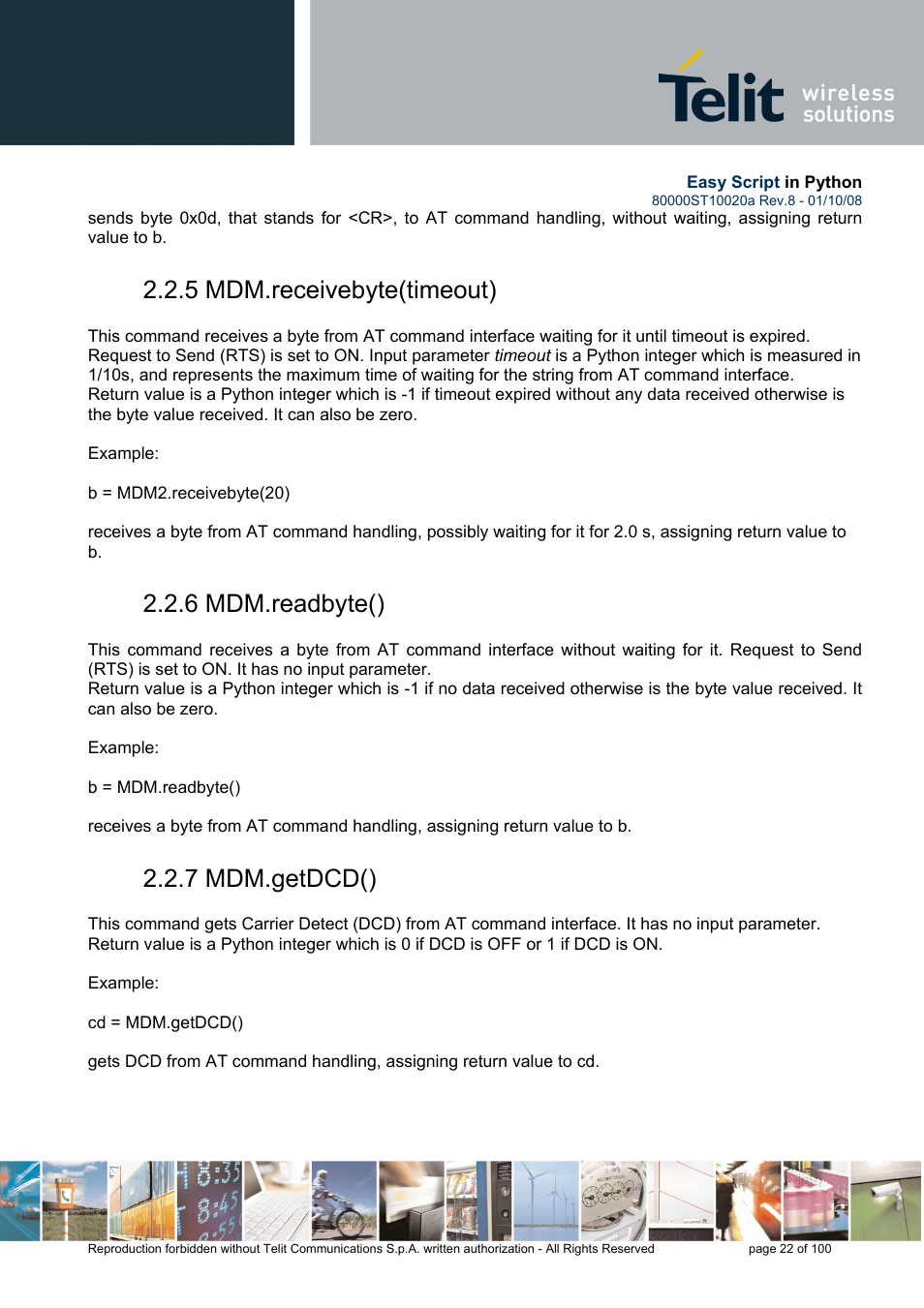 5 mdm.receivebyte(timeout), 6 mdm.readbyte(), 7 mdm.getdcd() | Rainbow Electronics GM862-GPS User Manual | Page 22 / 100
