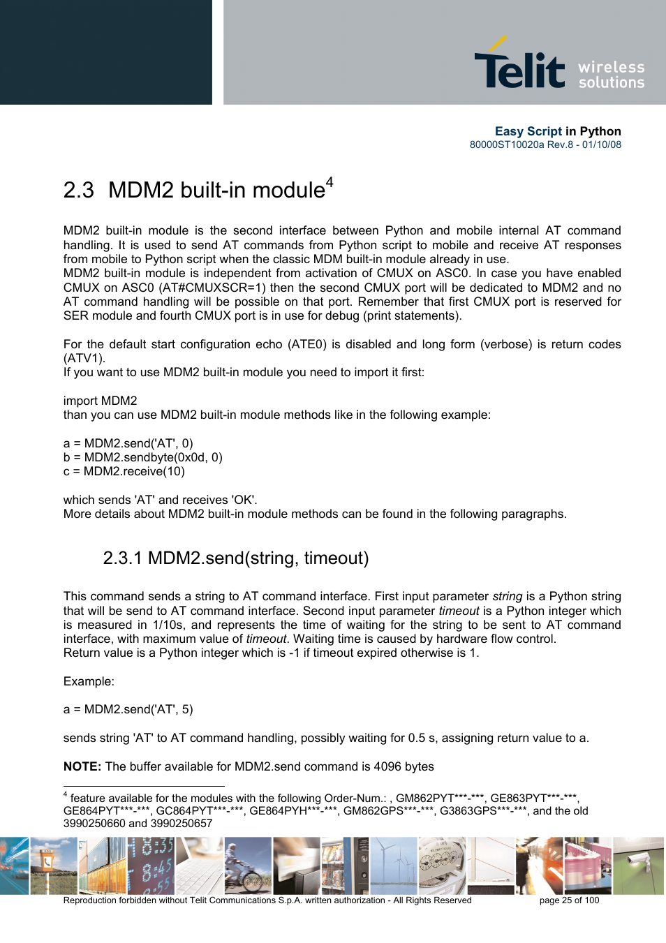 3 mdm2 built-in module, 1 mdm2.send(string, timeout) | Rainbow Electronics GM862-GPS User Manual | Page 25 / 100