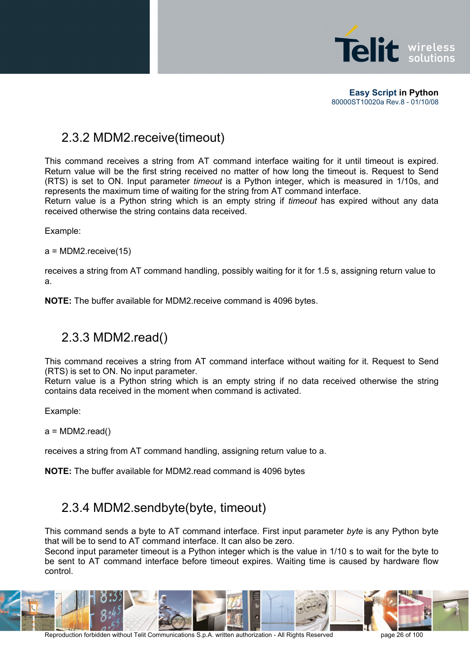 2 mdm2.receive(timeout), 3 mdm2.read(), 4 mdm2.sendbyte(byte, timeout) | Rainbow Electronics GM862-GPS User Manual | Page 26 / 100