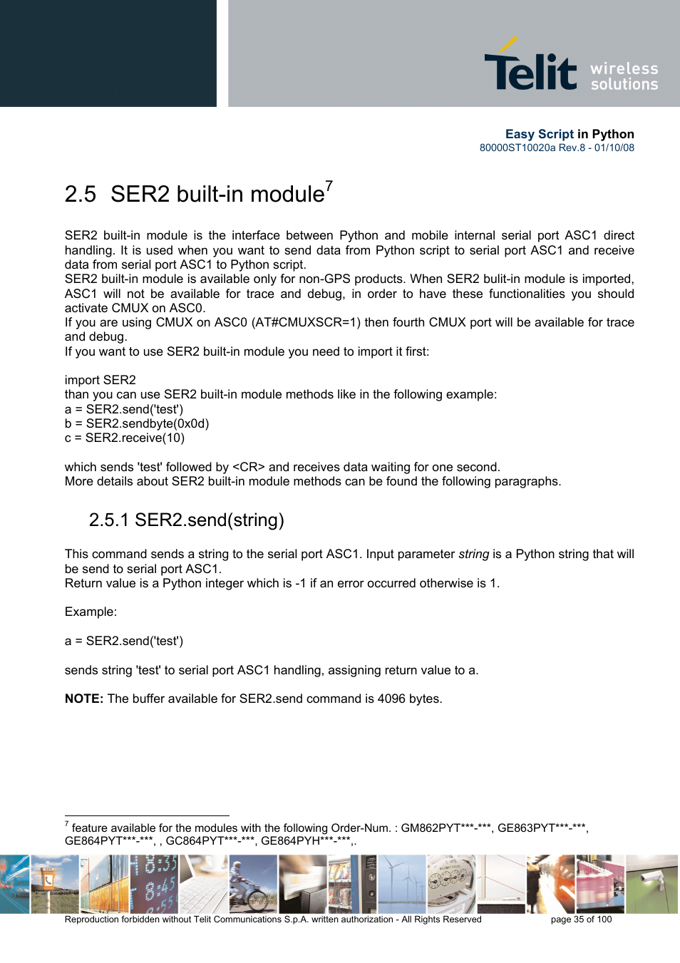 5 ser2 built-in module, 1 ser2.send(string) | Rainbow Electronics GM862-GPS User Manual | Page 35 / 100