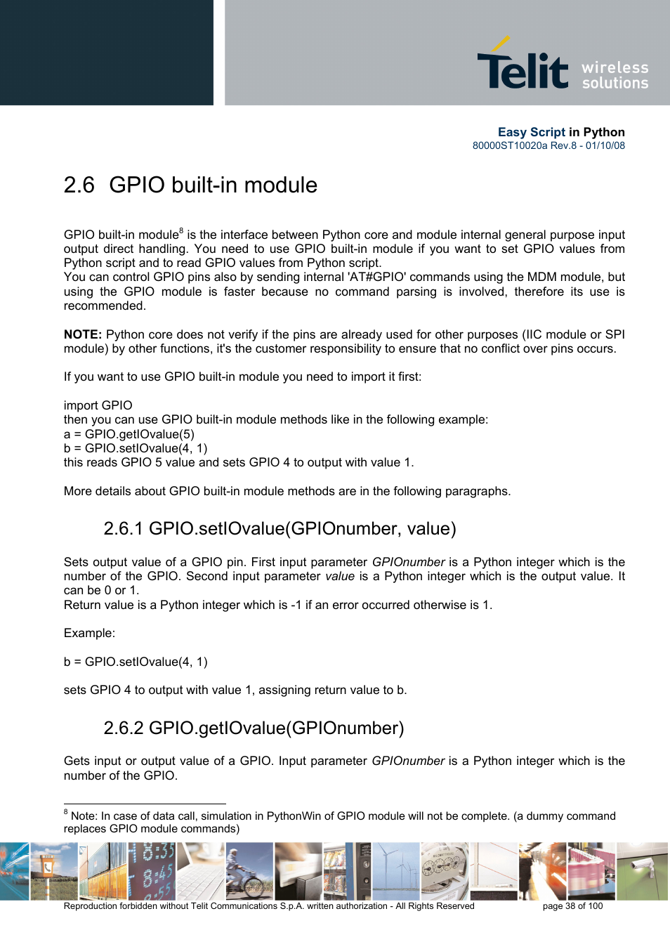 6 gpio built-in module, 1 gpio.setiovalue(gpionumber, value), 2 gpio.getiovalue(gpionumber) | Rainbow Electronics GM862-GPS User Manual | Page 38 / 100