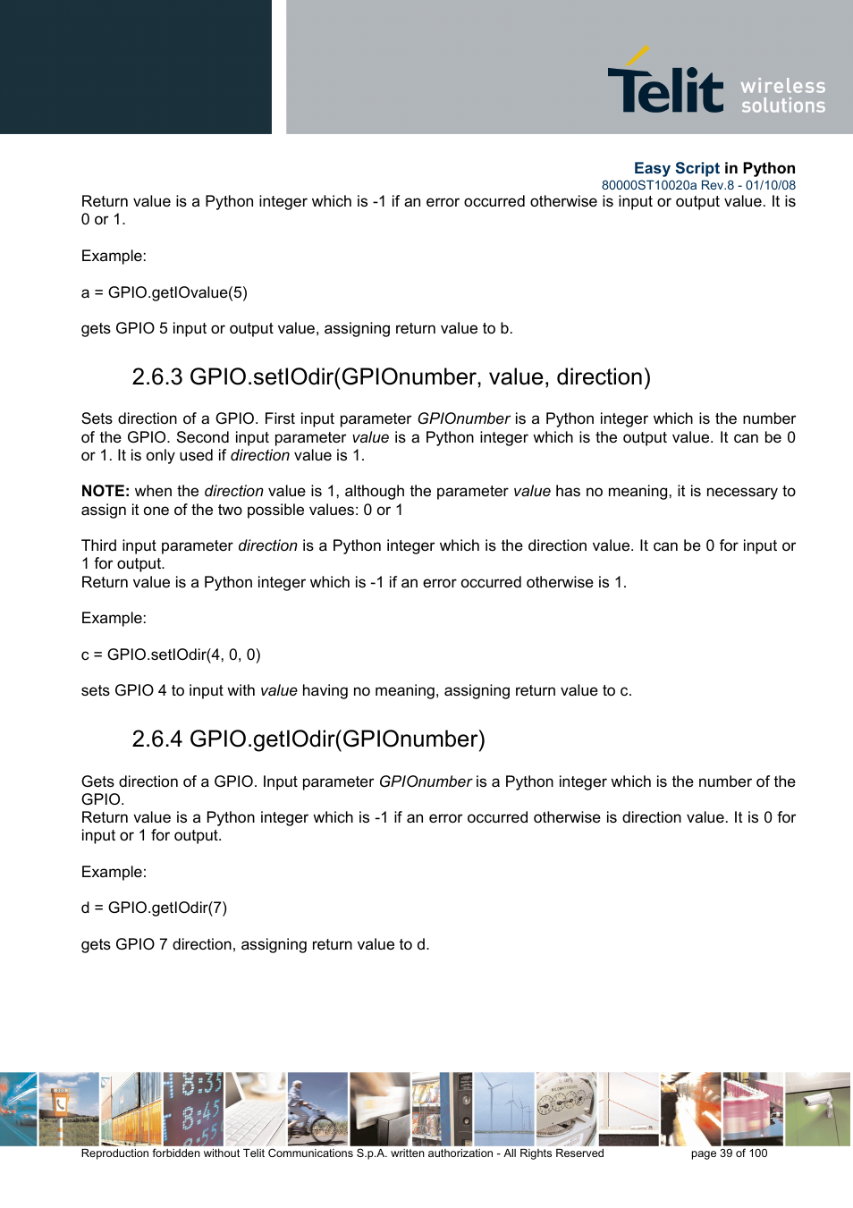 3 gpio.setiodir(gpionumber, value, direction), 4 gpio.getiodir(gpionumber) | Rainbow Electronics GM862-GPS User Manual | Page 39 / 100