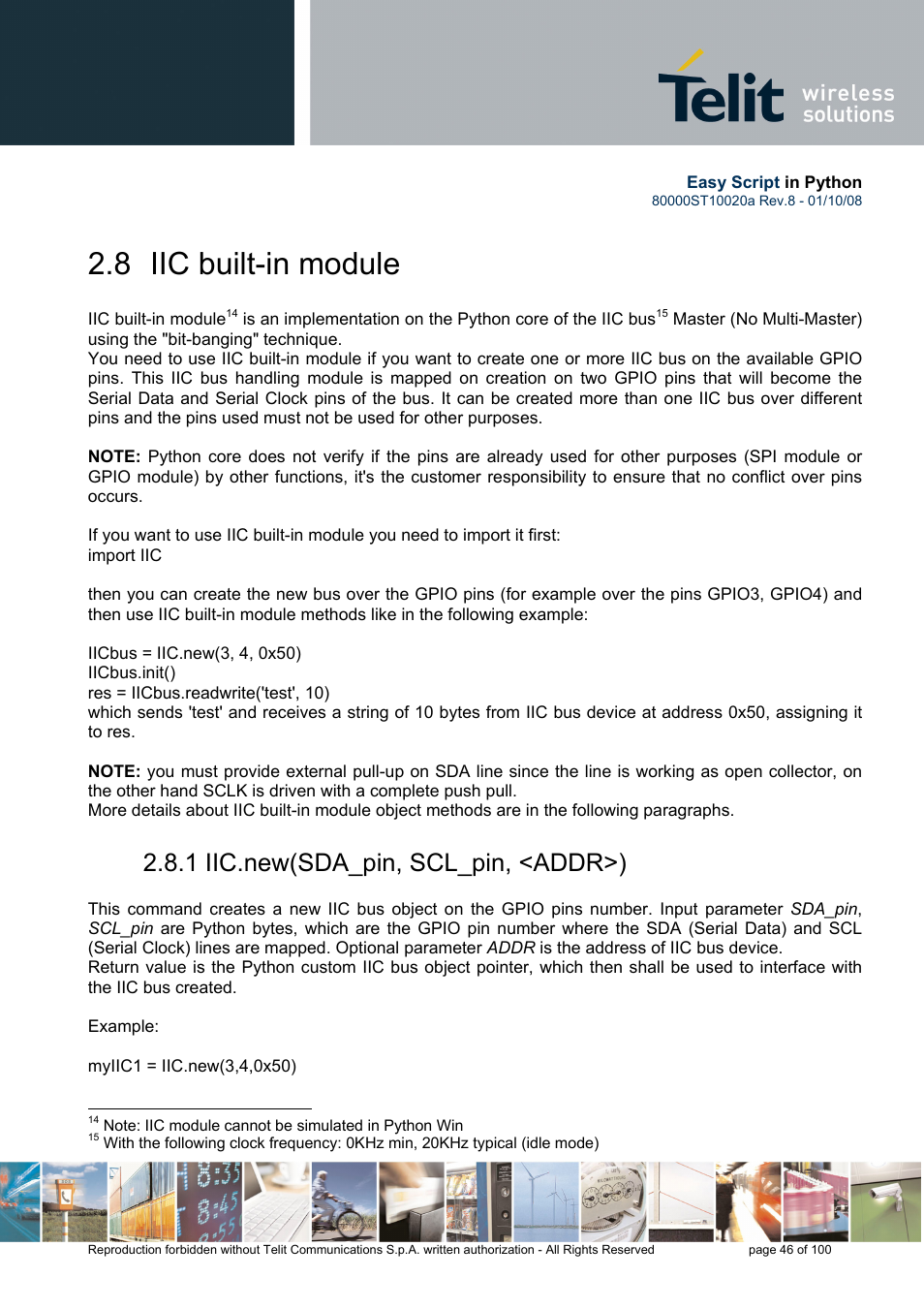 8 iic built-in module, 1 iic.new(sda_pin, scl_pin, <addr>) | Rainbow Electronics GM862-GPS User Manual | Page 46 / 100