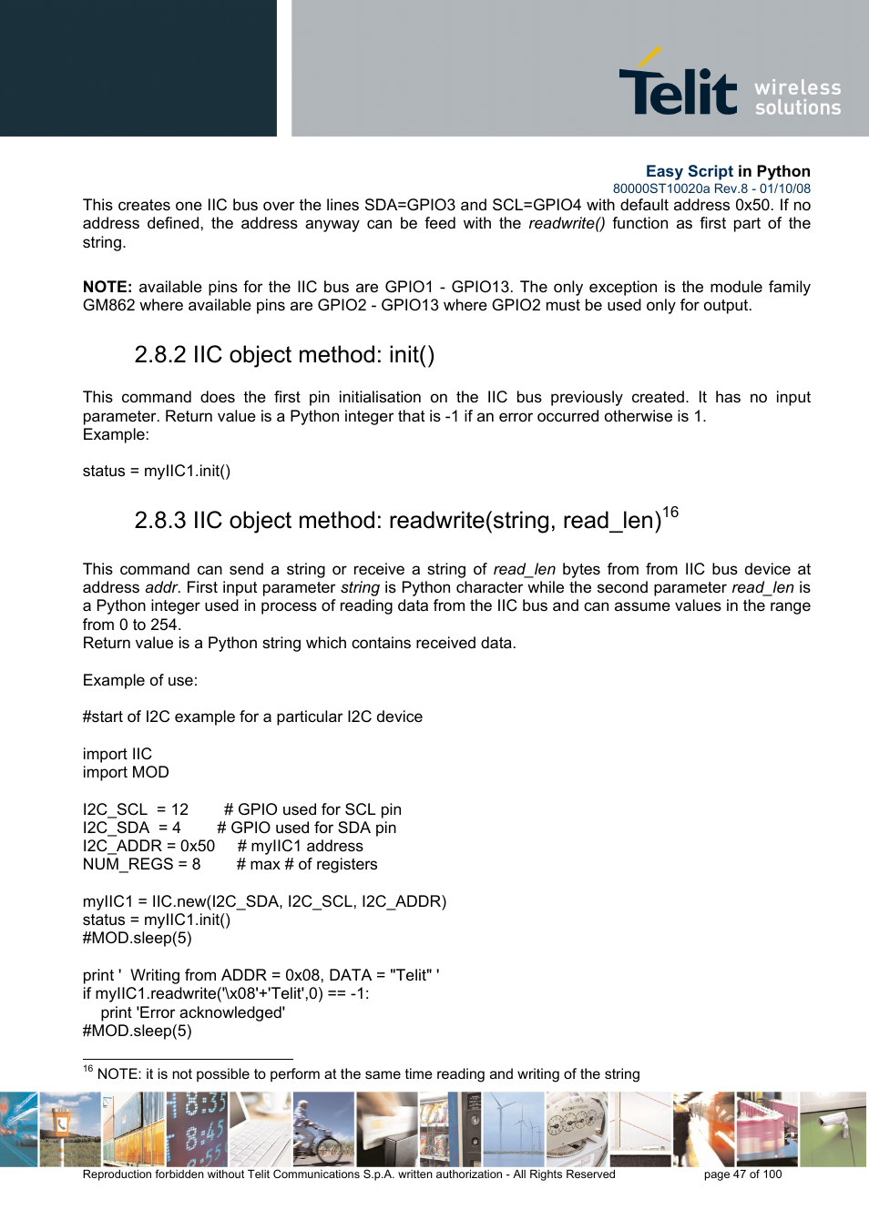 2 iic object method: init(), 3 iic object method: readwrite(string, read_len) | Rainbow Electronics GM862-GPS User Manual | Page 47 / 100