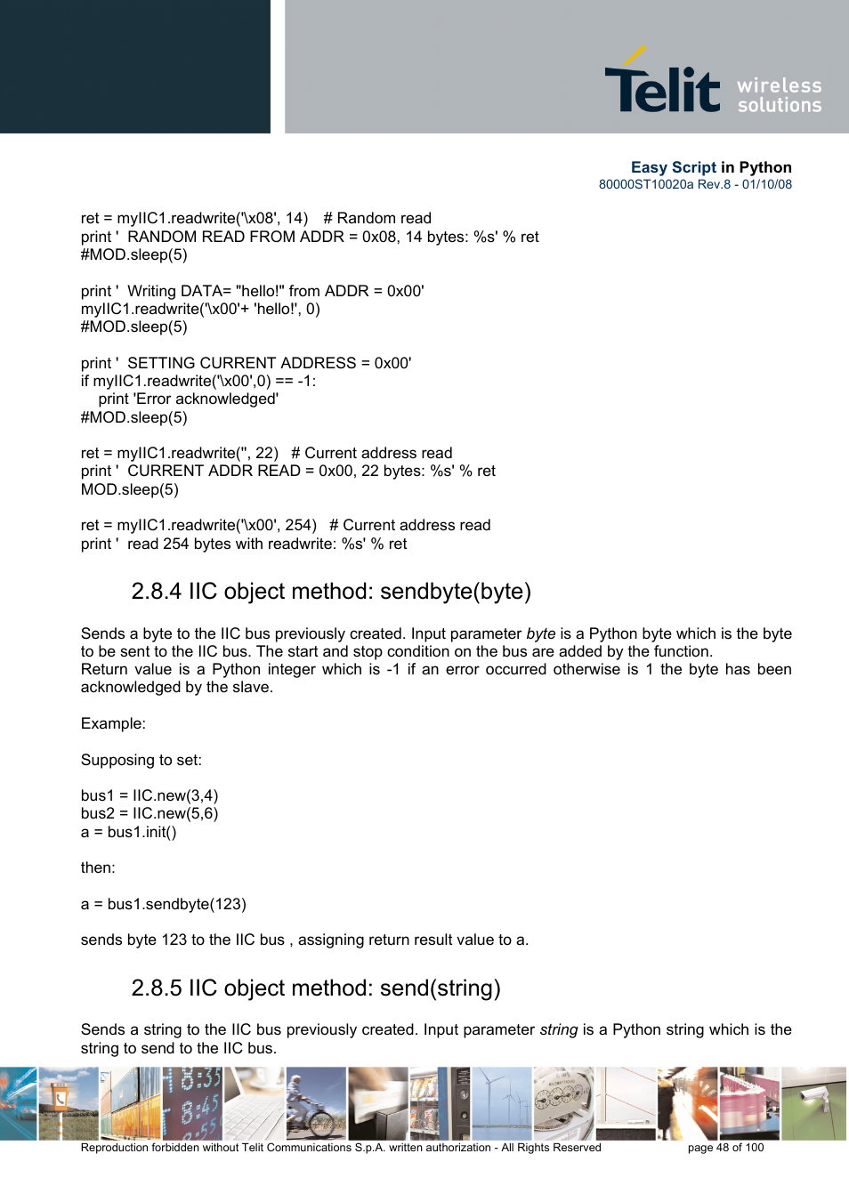4 iic object method: sendbyte(byte), 5 iic object method: send(string) | Rainbow Electronics GM862-GPS User Manual | Page 48 / 100