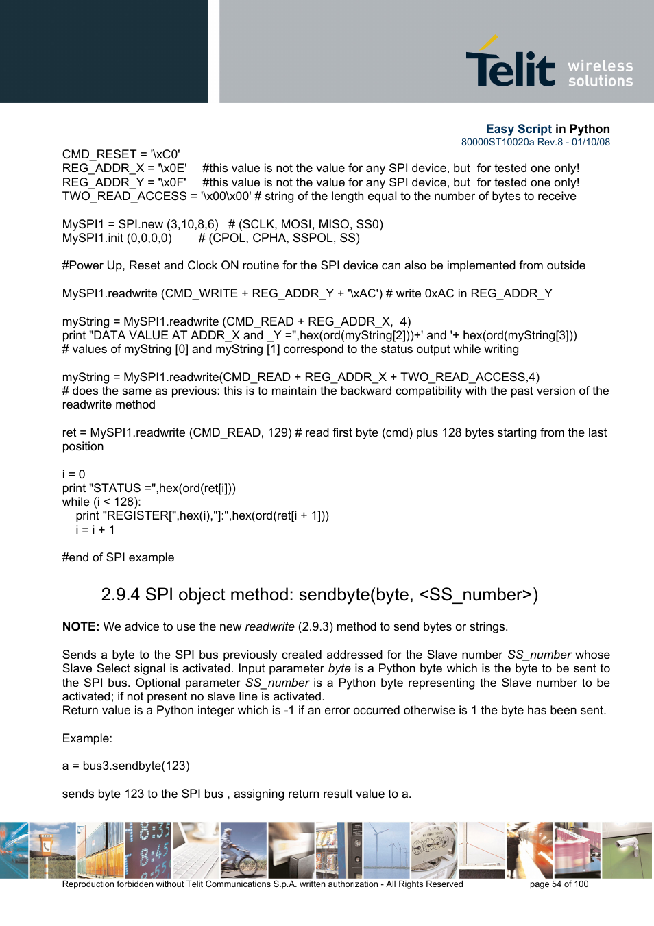 4 spi object method: sendbyte(byte, <ss_number>) | Rainbow Electronics GM862-GPS User Manual | Page 54 / 100