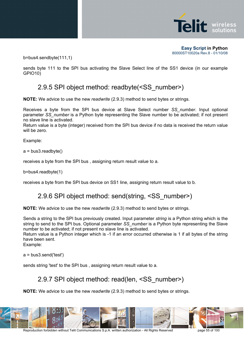5 spi object method: readbyte(<ss_number>), 6 spi object method: send(string, <ss_number>), 7 spi object method: read(len, <ss_number>) | Rainbow Electronics GM862-GPS User Manual | Page 55 / 100