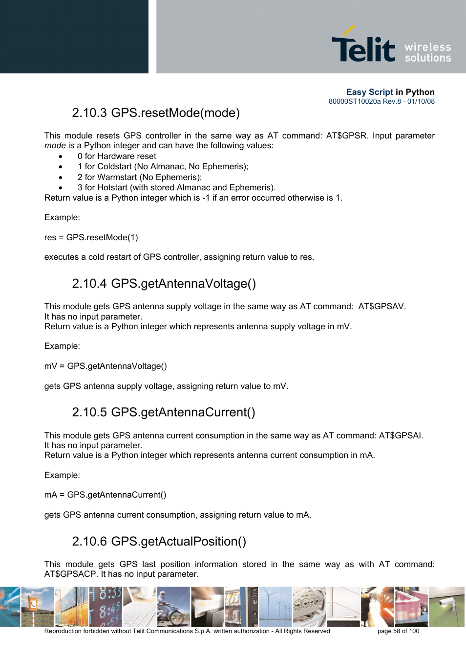 3 gps.resetmode(mode), 4 gps.getantennavoltage(), 5 gps.getantennacurrent() | 6 gps.getactualposition() | Rainbow Electronics GM862-GPS User Manual | Page 58 / 100