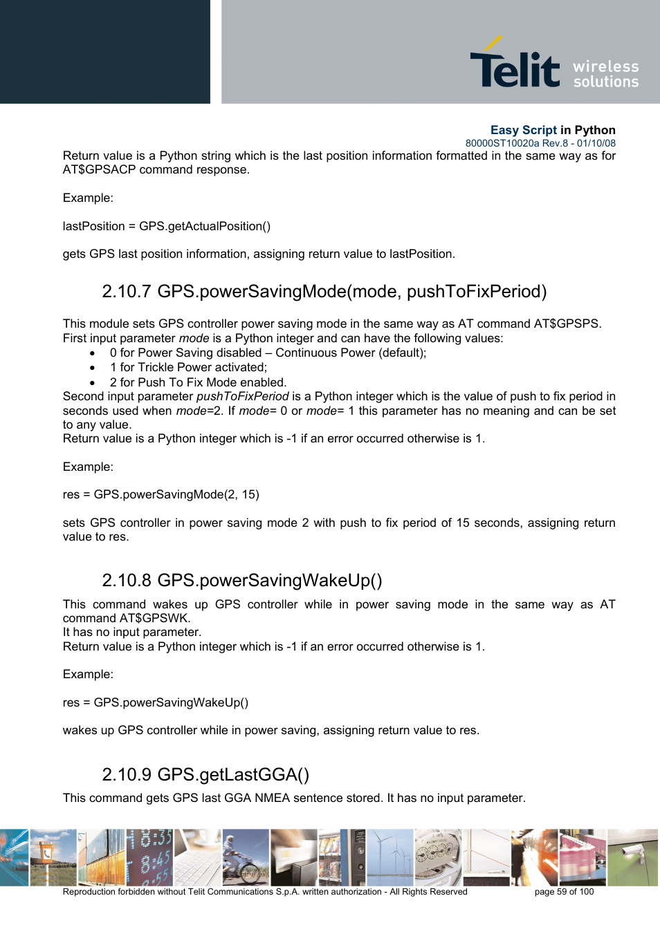 7 gps.powersavingmode(mode, pushtofixperiod), 8 gps.powersavingwakeup(), 9 gps.getlastgga() | Rainbow Electronics GM862-GPS User Manual | Page 59 / 100