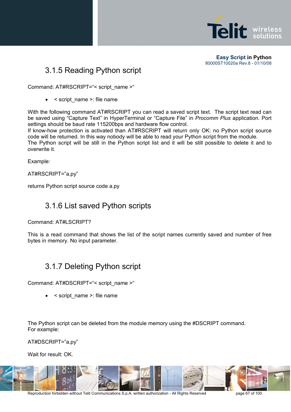 5 reading python script, 6 list saved python scripts, 7 deleting python script | Rainbow Electronics GM862-GPS User Manual | Page 67 / 100