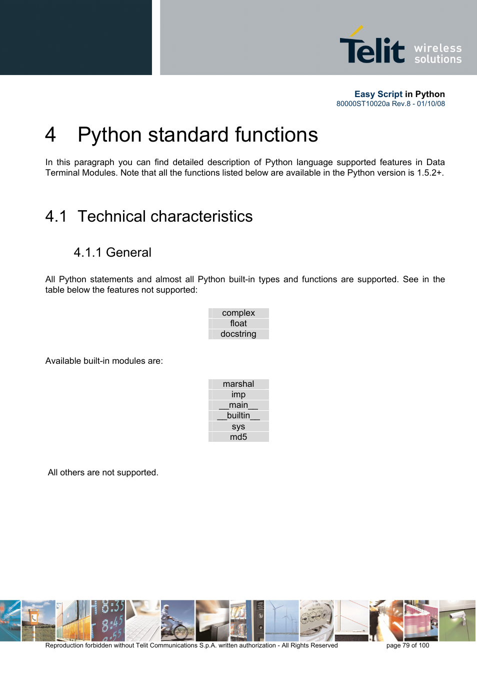 4 python standard functions, 1 technical characteristics, 1 general | Rainbow Electronics GM862-GPS User Manual | Page 79 / 100