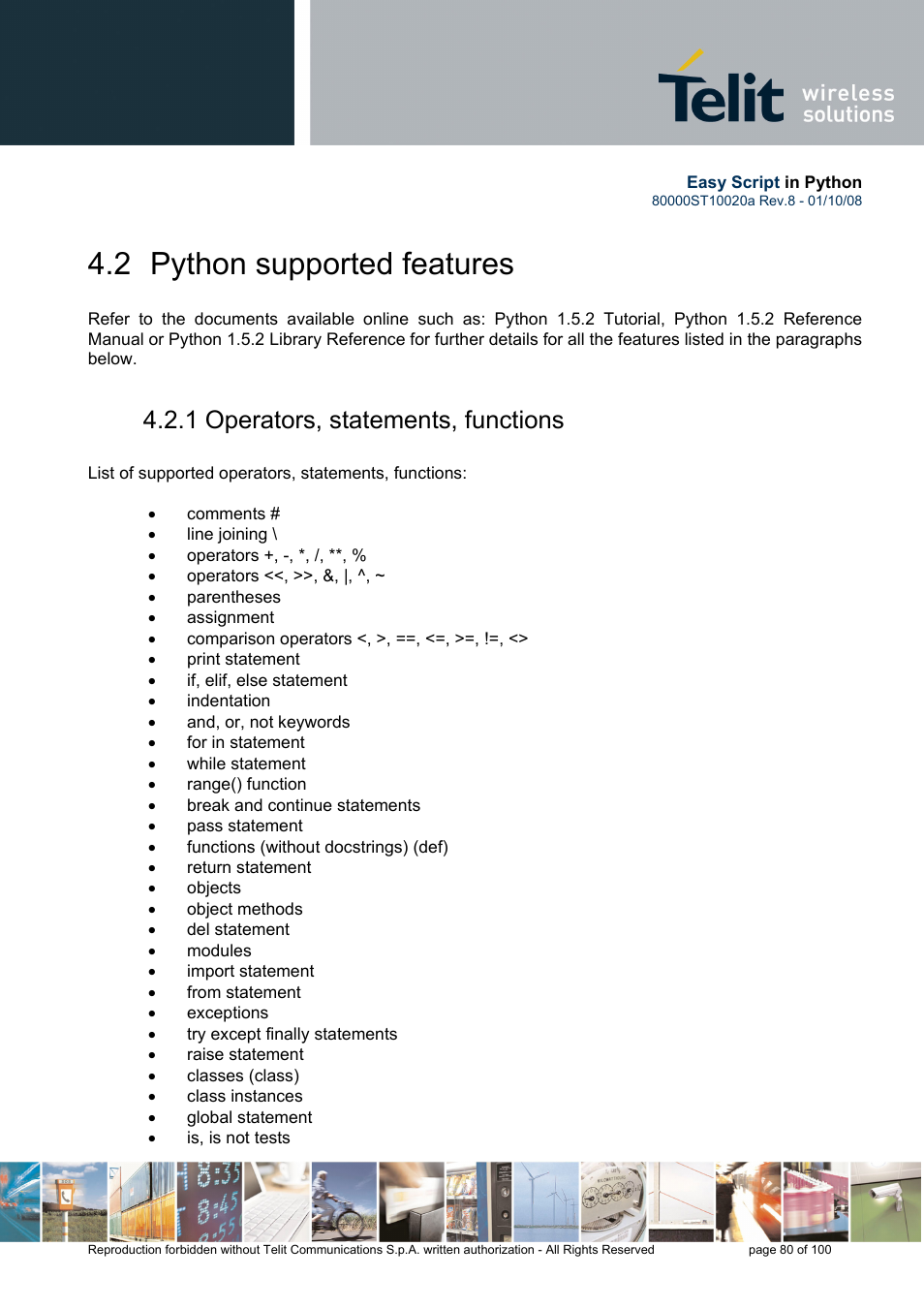 2 python supported features, 1 operators, statements, functions | Rainbow Electronics GM862-GPS User Manual | Page 80 / 100