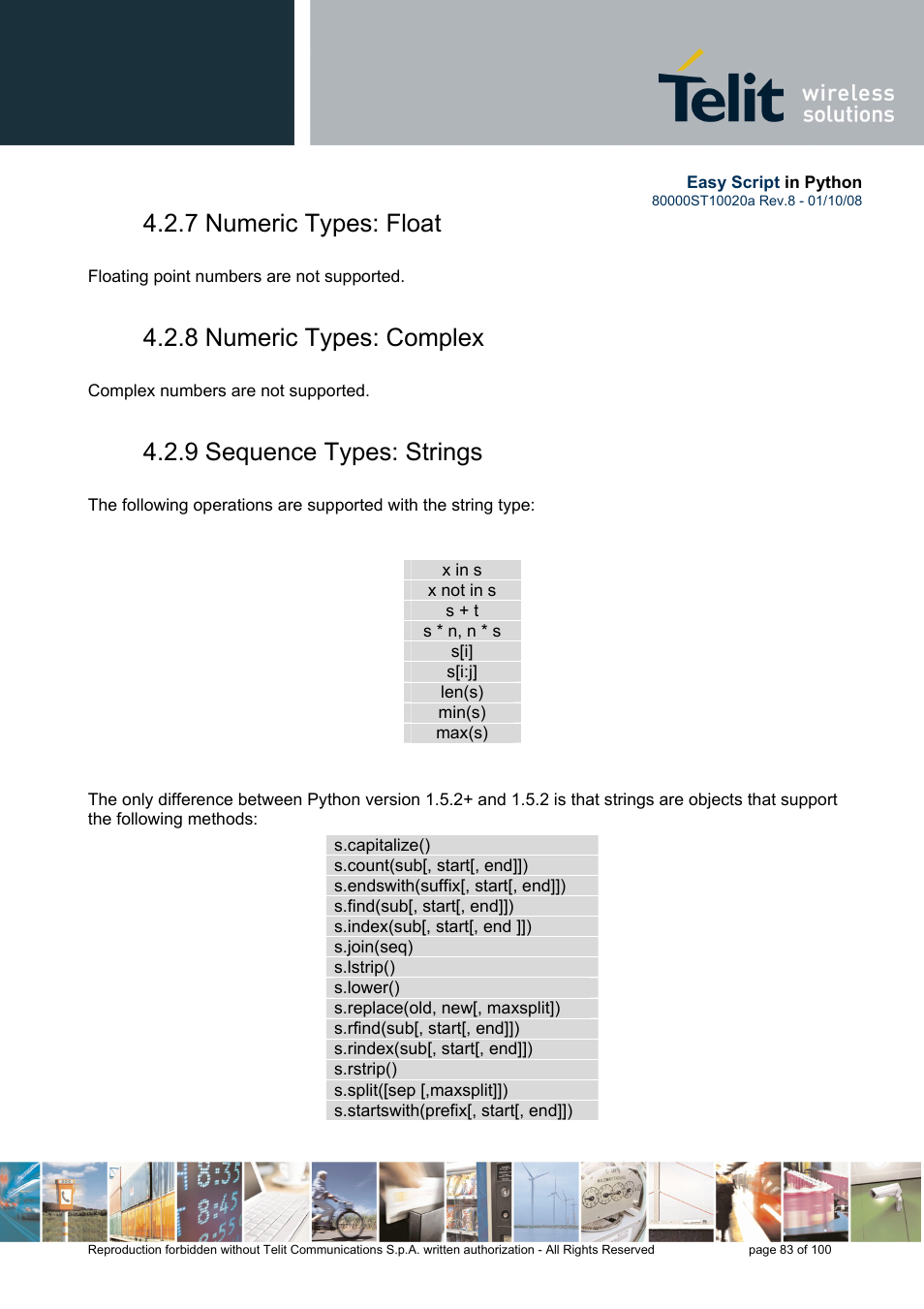 7 numeric types: float, 8 numeric types: complex, 9 sequence types: strings | Rainbow Electronics GM862-GPS User Manual | Page 83 / 100