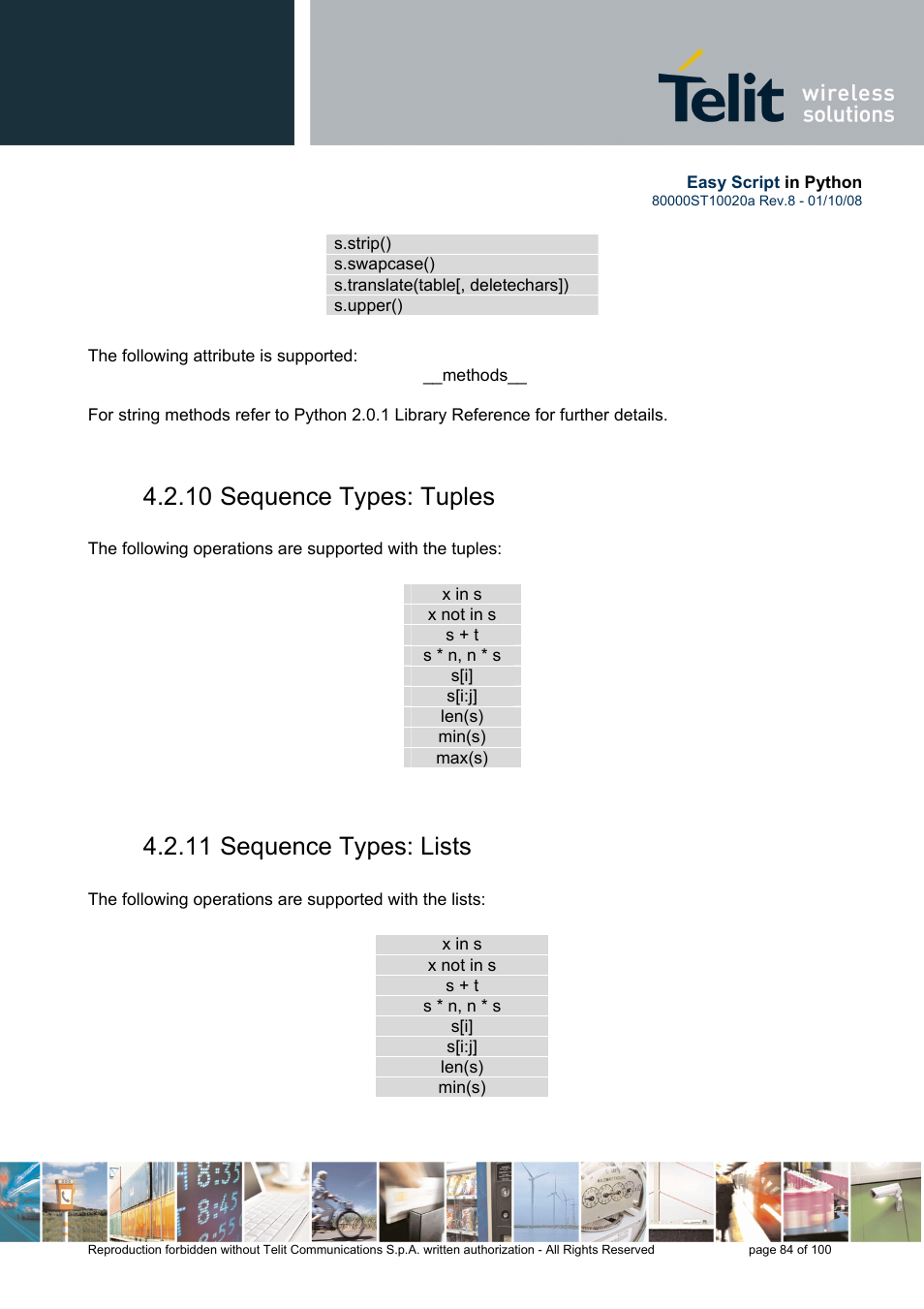 10 sequence types: tuples, 11 sequence types: lists | Rainbow Electronics GM862-GPS User Manual | Page 84 / 100