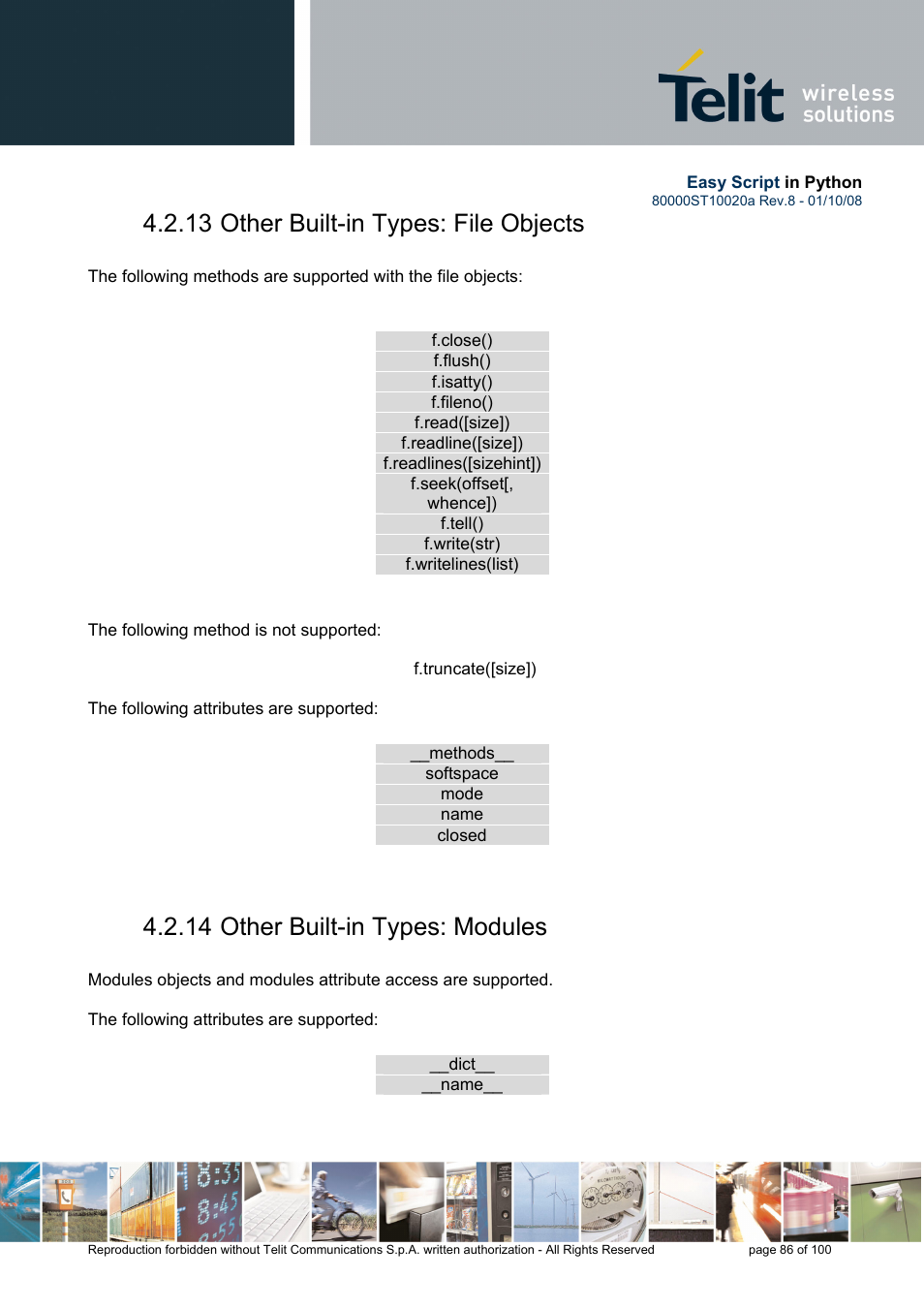 13 other built-in types: file objects, 14 other built-in types: modules | Rainbow Electronics GM862-GPS User Manual | Page 86 / 100