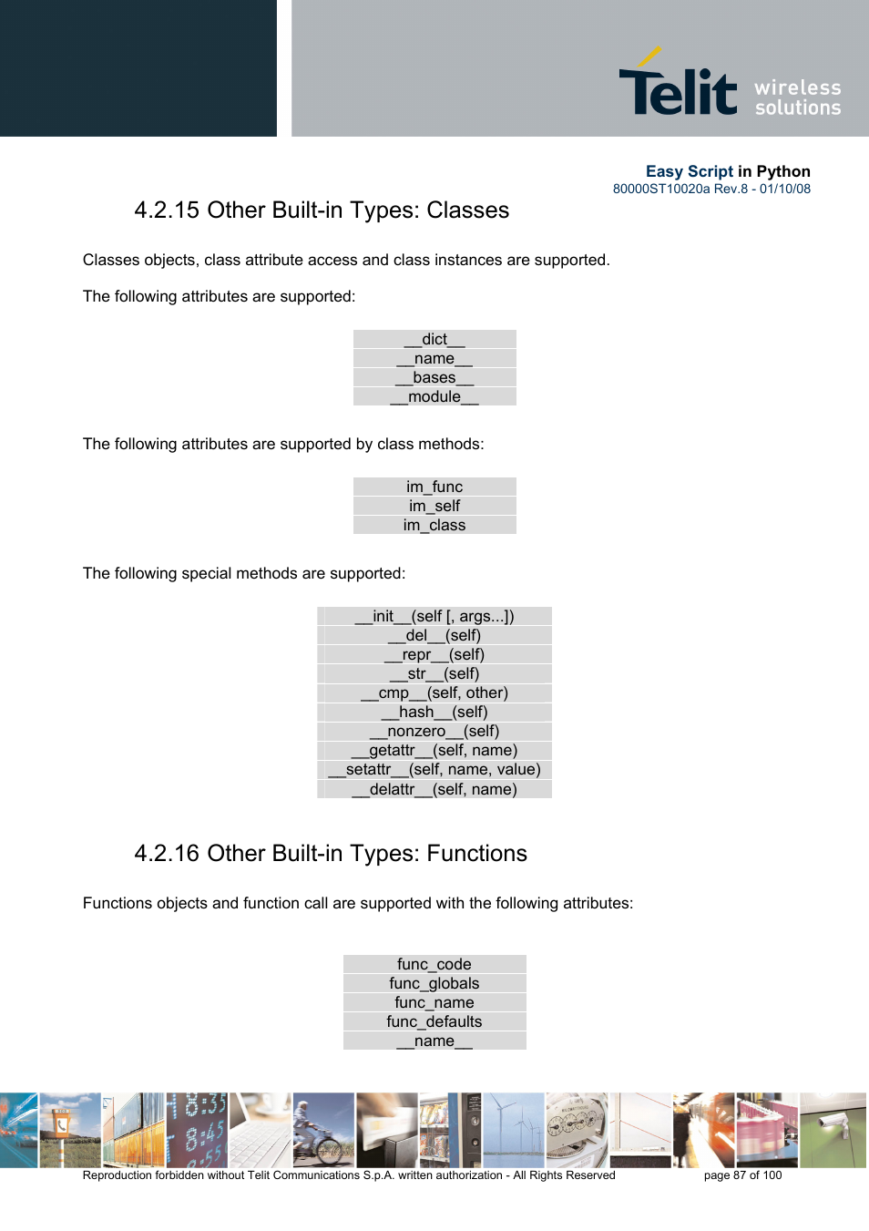 15 other built-in types: classes, 16 other built-in types: functions | Rainbow Electronics GM862-GPS User Manual | Page 87 / 100