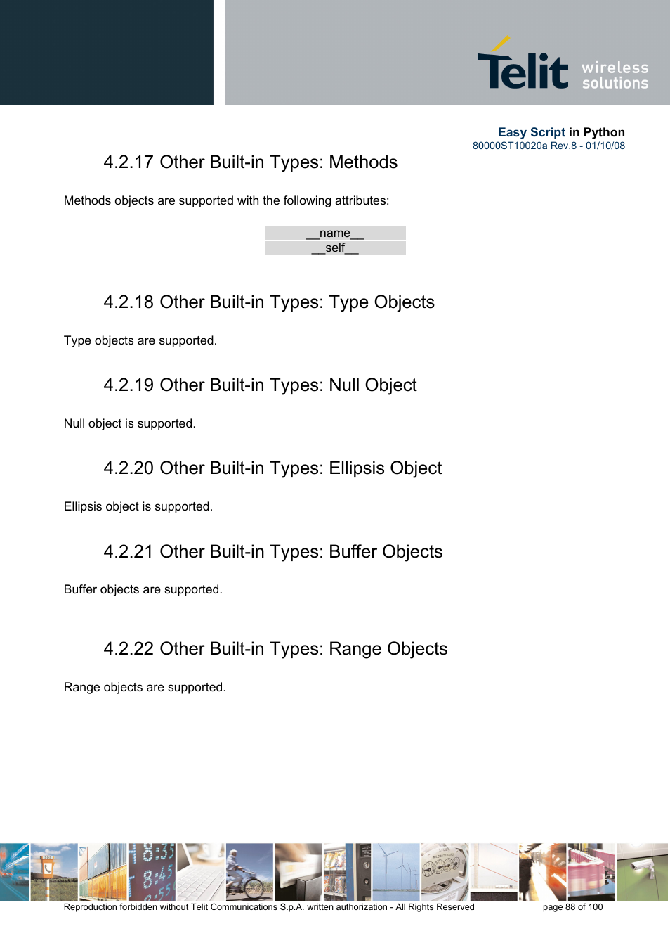 17 other built-in types: methods, 18 other built-in types: type objects, 19 other built-in types: null object | 20 other built-in types: ellipsis object, 21 other built-in types: buffer objects, 22 other built-in types: range objects | Rainbow Electronics GM862-GPS User Manual | Page 88 / 100