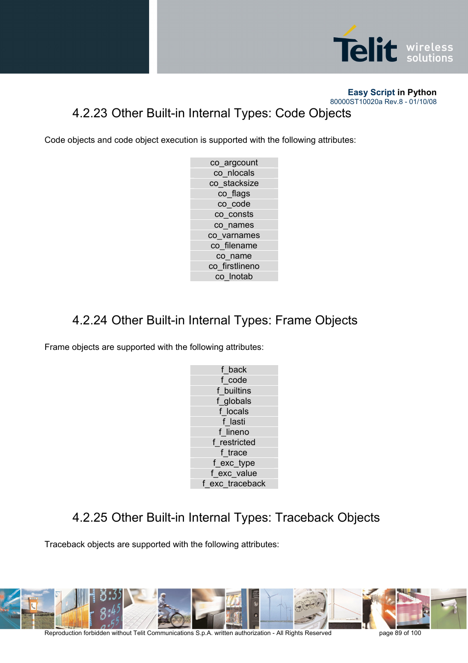 23 other built-in internal types: code objects, 24 other built-in internal types: frame objects | Rainbow Electronics GM862-GPS User Manual | Page 89 / 100