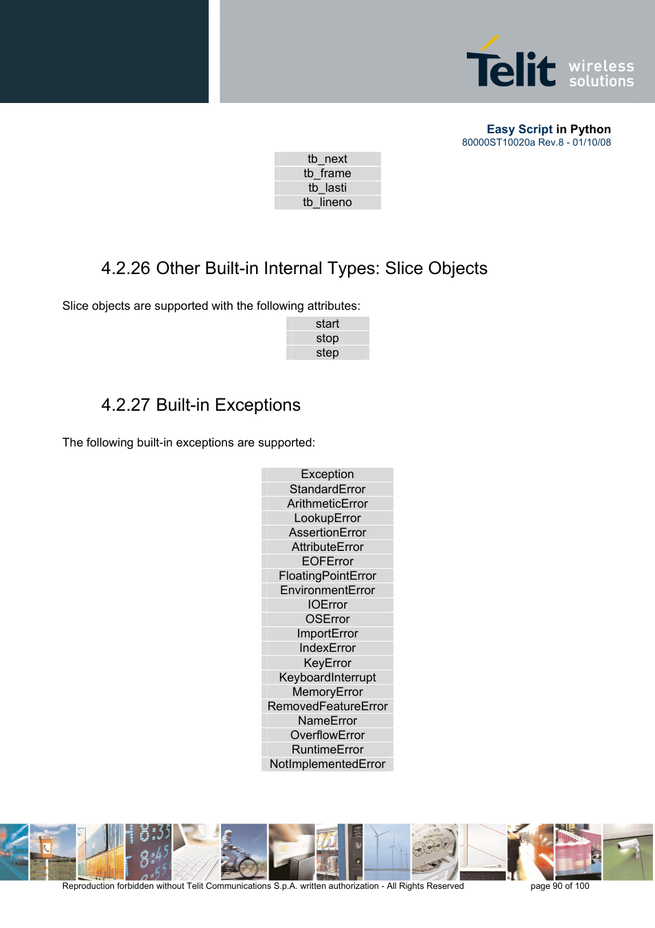 26 other built-in internal types: slice objects, 27 built-in exceptions | Rainbow Electronics GM862-GPS User Manual | Page 90 / 100