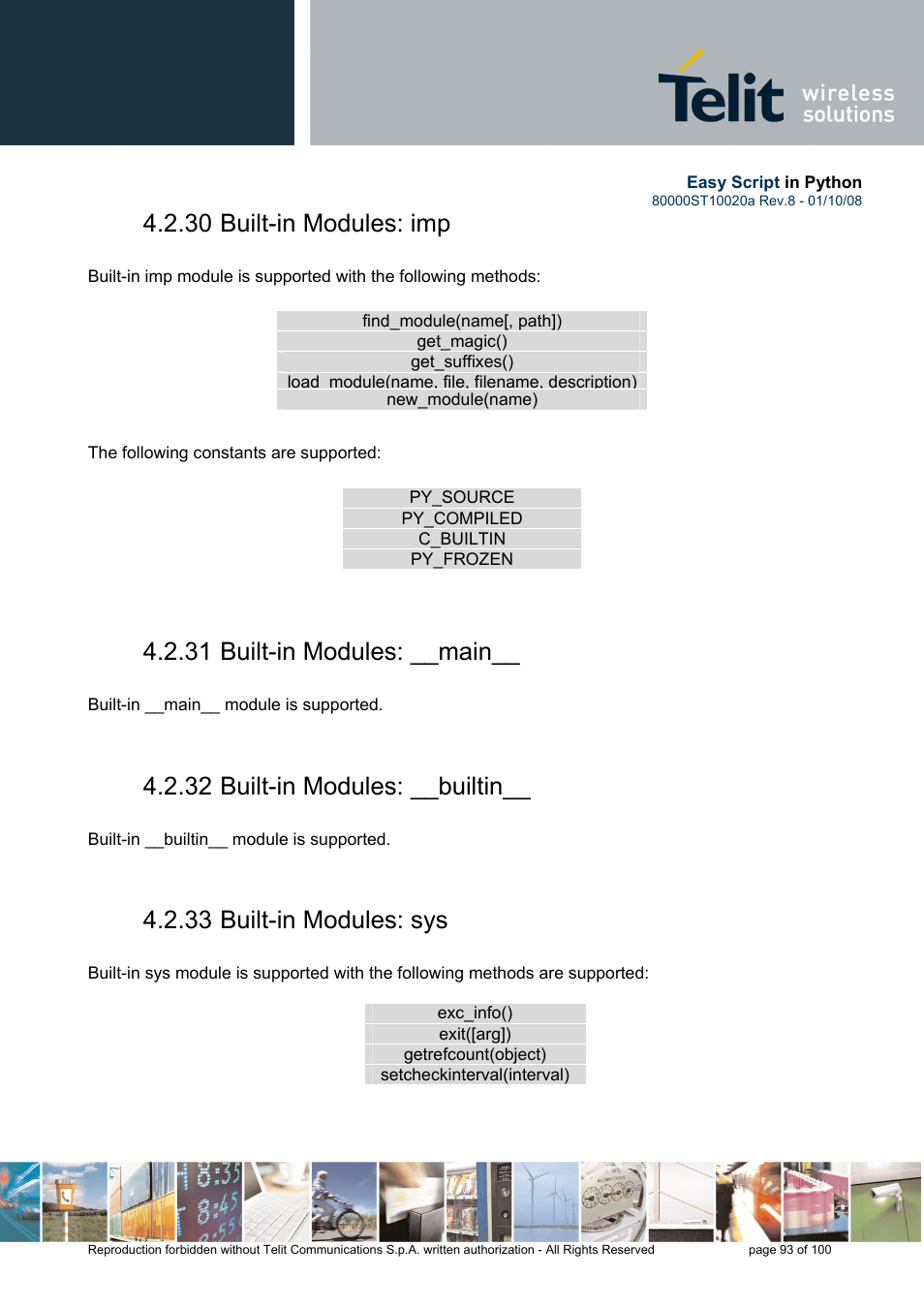 30 built-in modules: imp, 31 built-in modules: __main, 32 built-in modules: __builtin | 33 built-in modules: sys | Rainbow Electronics GM862-GPS User Manual | Page 93 / 100