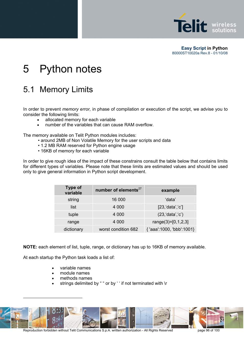 5 python notes, 1 memory limits | Rainbow Electronics GM862-GPS User Manual | Page 96 / 100