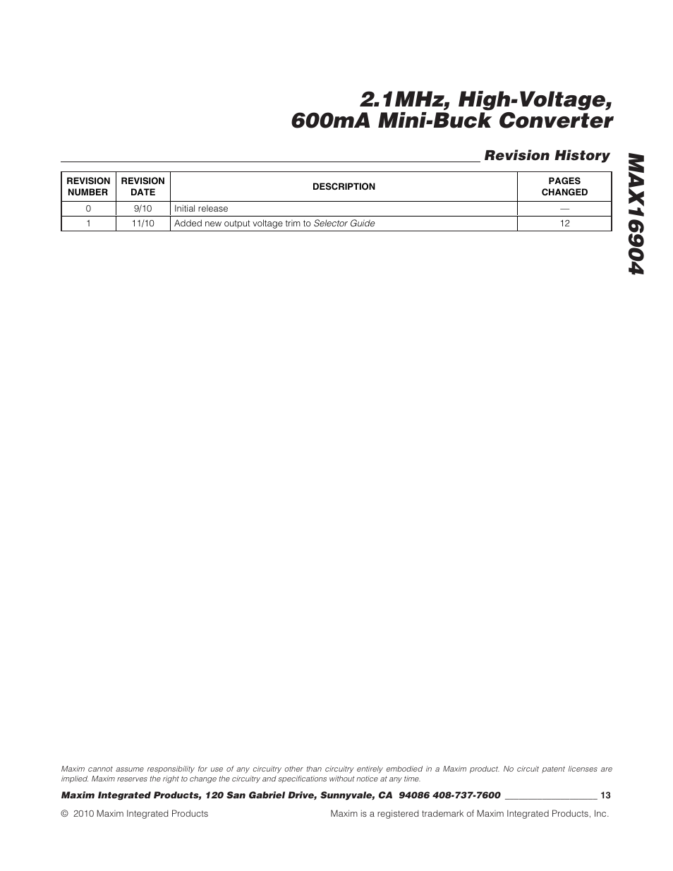 Revision history | Rainbow Electronics MAX16904 User Manual | Page 13 / 13