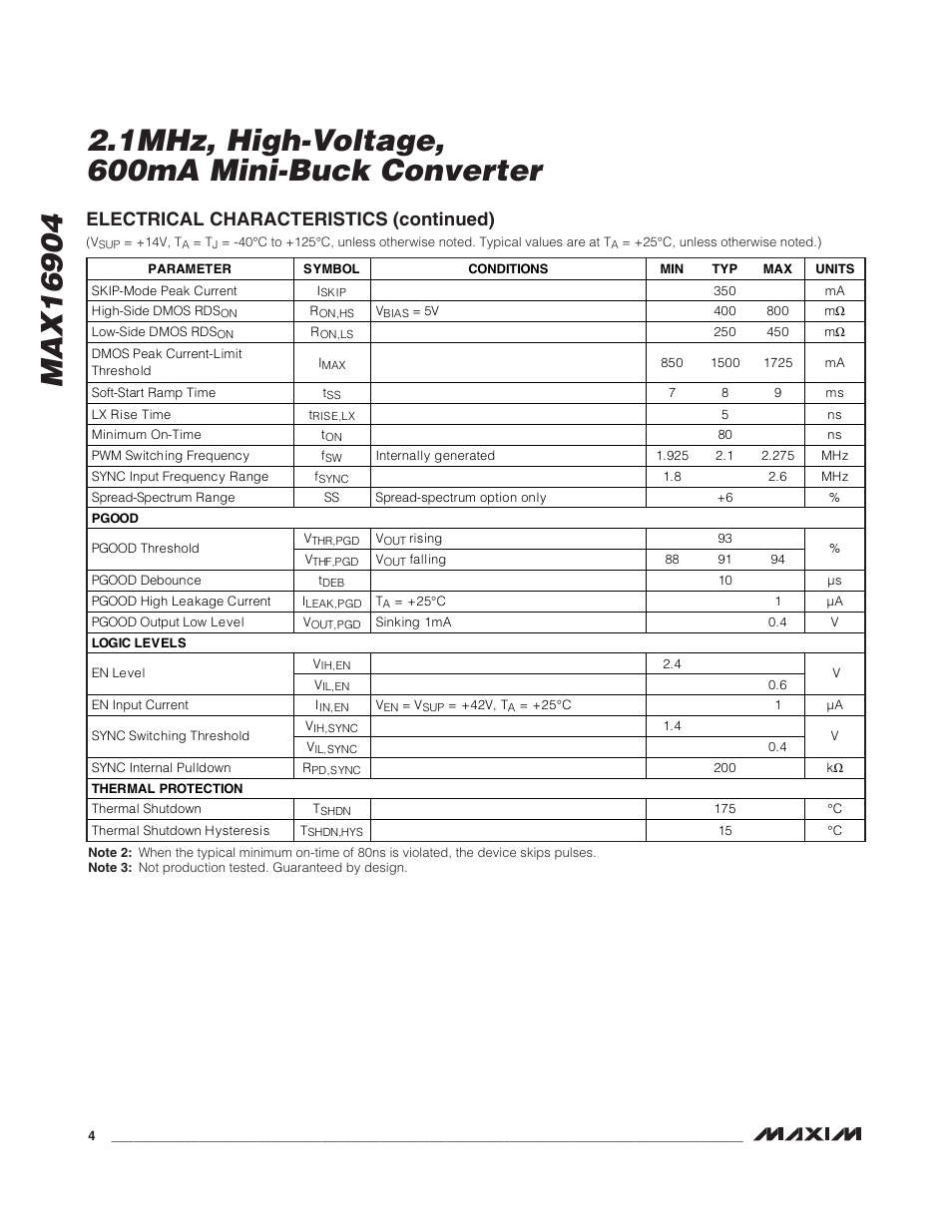 Electrical characteristics (continued) | Rainbow Electronics MAX16904 User Manual | Page 4 / 13