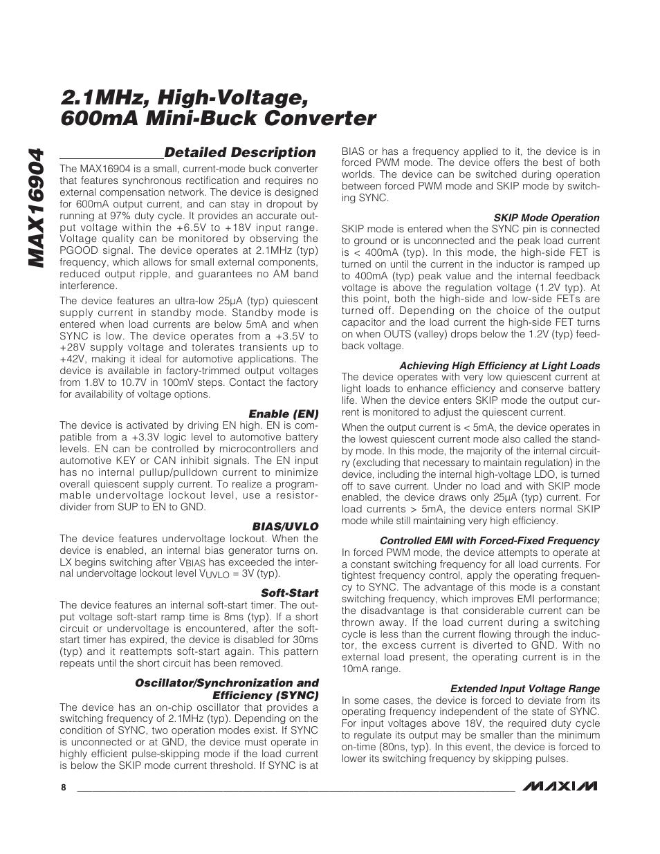 1mhz, high-voltage, 600ma mini-buck converter, Detailed description | Rainbow Electronics MAX16904 User Manual | Page 8 / 13