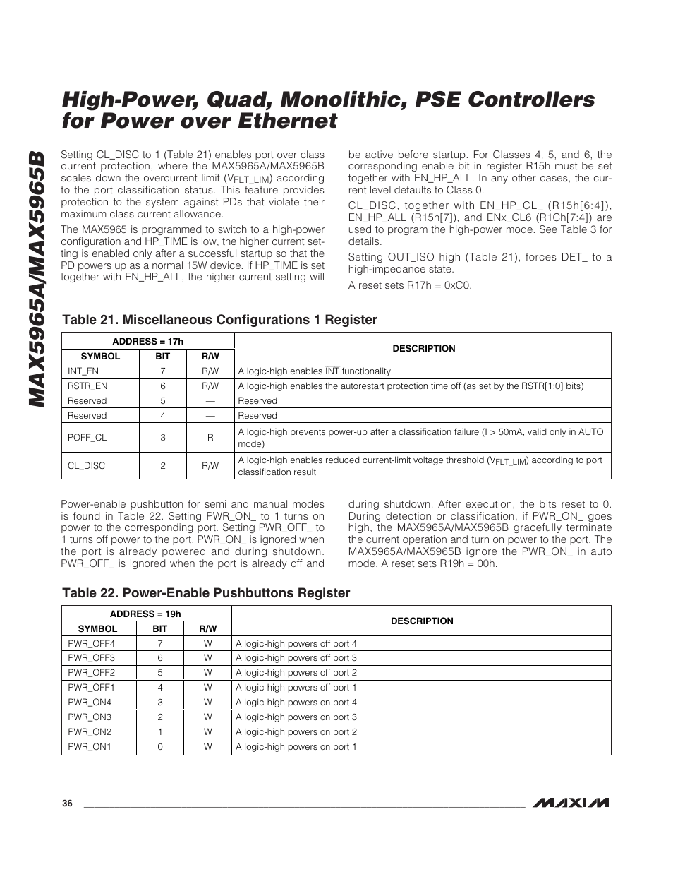 Table 21. miscellaneous configurations 1 register, Table 22. power-enable pushbuttons register | Rainbow Electronics MAX5965B User Manual | Page 36 / 52