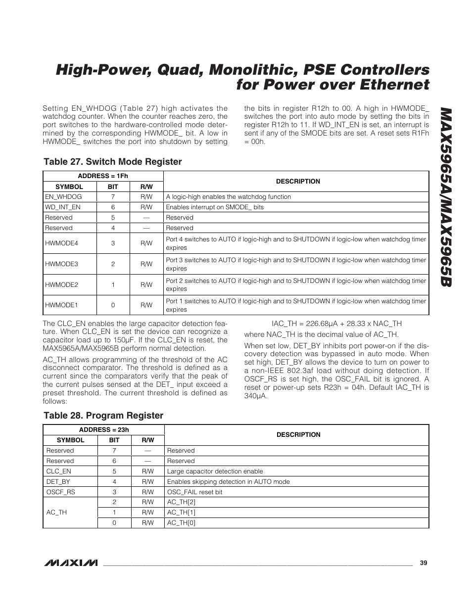 Table 27. switch mode register, Table 28. program register | Rainbow Electronics MAX5965B User Manual | Page 39 / 52